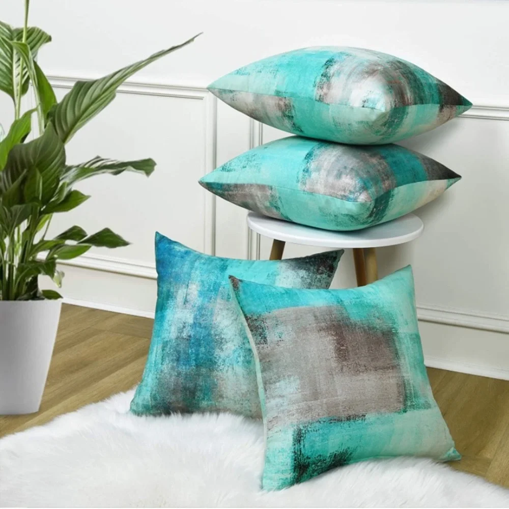 Luxury Home | Modern Aqua Teal & Grey Abstract Oil Painting Throw Pillow Covers
